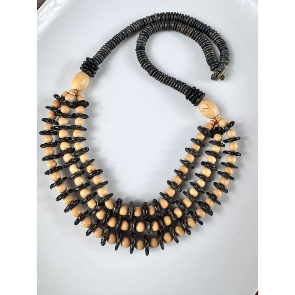 Vintage Black and Natural Wood Multi-Strand Statement Necklace